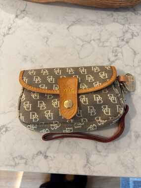 Dooney & Bourke Brown Monogram Canvas Wristlet with Tan Trim